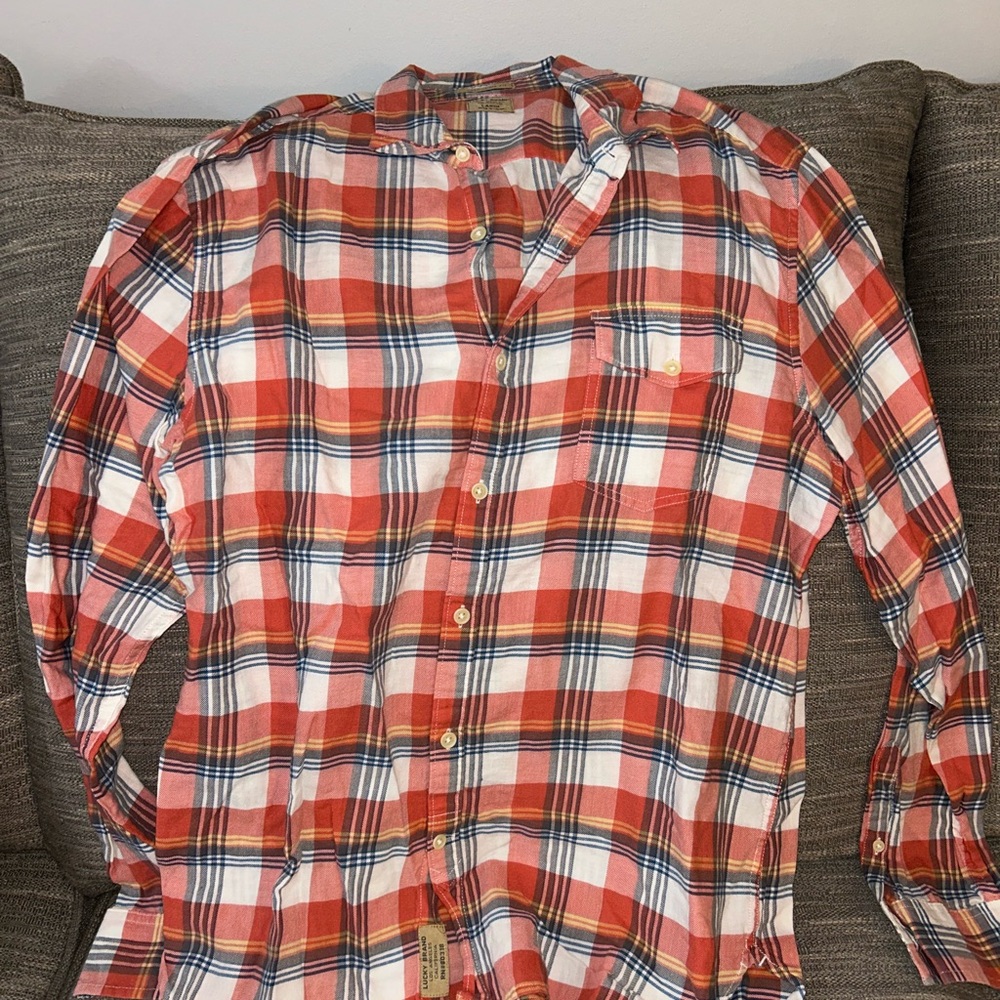 Lucky Brand Orange and White Plaid Casual Shirt